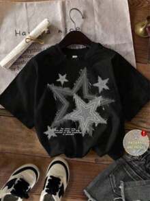 Camiseta de manga corta para mujer Otoño-Invierno 2025 - Cuello redondo, cut relajada y versátil con estampado de estrellas moderno.Tejido suave y ligero con excelente caída, perfecta como base de look casual o lúdico blusas para mujer playeras de mujer blusas casuales para dama - Negro 4 - Ver 1