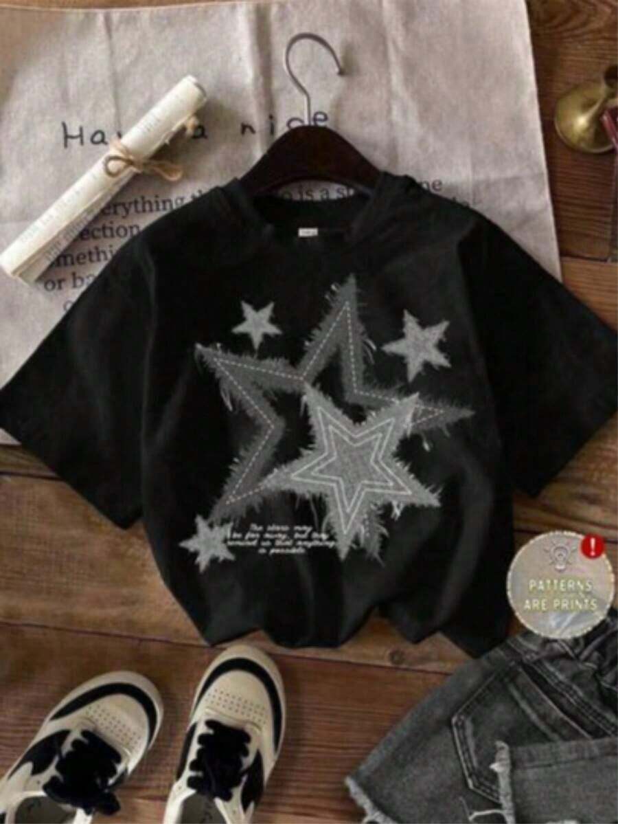 Camiseta de manga corta para mujer Otoño-Invierno 2025 - Cuello redondo, cut relajada y versátil con estampado de estrellas moderno.Tejido suave y ligero con excelente caída, perfecta como base de look casual o lúdico blusas para mujer playeras de mujer blusas casuales para dama - Negro 4 - Ver 1