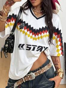 Color Block V-Neck T-Shirt For Women Sport, Red Black Yellow White Checkerboard Print Top With STAY Lettering 2026 World Cup Casual Summer - Multicolor - View 5