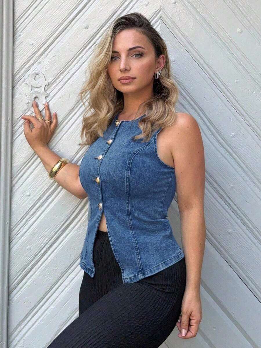 Camisa vaquera sin mangas con botones delanteros lavada para mujer - Azul lavado medio 2 - Ver 1
