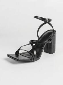 Women's Black Square Toe Chunky Heel High Heels, Comfortable Versatile Commuting Shoes, Minimalist Elegant Design Lengthens Legs - Black - View 3