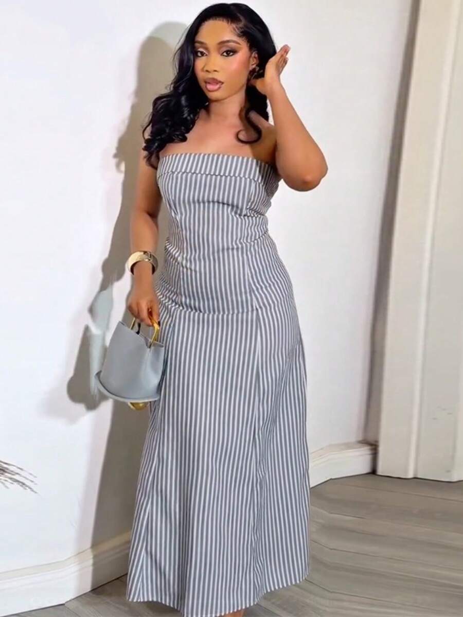 Vestido palabra de honor rayado sin mangas cintura ajustada verano 2026 - Azul - Ver 1