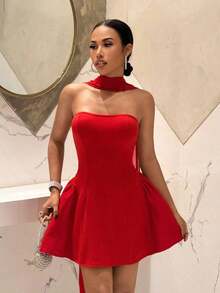 Vestido corto de fiesta, cumpleaños, cóctel, San Valentín, Halloween, Navidad, boda, uso diario con estilo francés, sin tirantes, corte princesa A-line, mini - Vestido rojo corto de club, vestido rojo, vestido rojo mini, vestido sin tirantes, ves - Rojo cereza - Ver 5