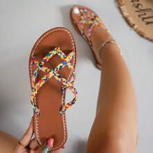 1 Pair Women's Colorful Woven Strap Flat Flip Flops, Women's Flat Sandals, Women's Flat Slide Sandals, Suitable For Home, Party, Beach, Casual, Outdoor And Other Occasions - Yellow - View 12