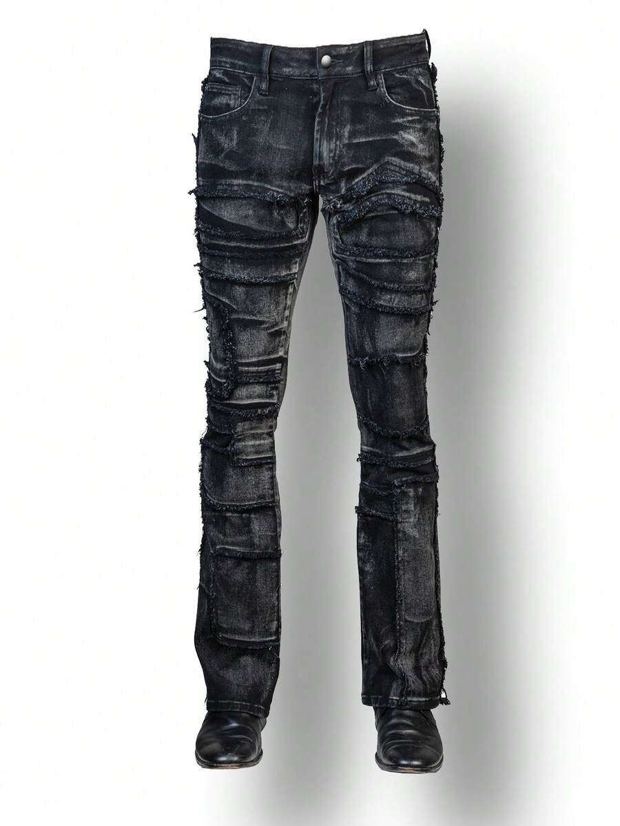YANGCANREN Jeans évasés slim fit brodés à la mode pour hommes - Noir - Voir 1