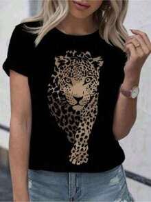 Mexican Basic Short-Sleeve Crew Neck Printed T-Shirt With A Stylish And Bold Leopard Head Print. Casual Style. Modern Print. Comfortable. Matching Couple Style. Available For Men And Women. Fashionable Printed Half-Sleeve T-Shirt. Elegant Women's Blouses. New Launch - 黑色 - 查看 1