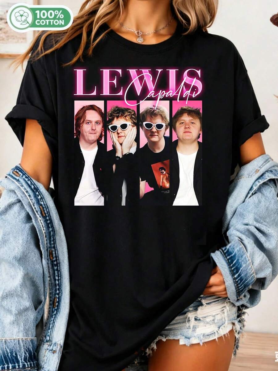 Lewis Capaldi Retro 90s Graphic T-Shirt, Vintage Scottish Singer Style, Unisex Cotton T-Shirt, Casual Top For Music Fans. - Black - View 1