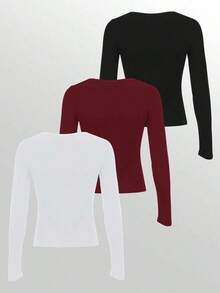 Camiseta casual de manga larga con cremallera hasta la mitad y ajustada para mujer - Multicolor 7 - Ver 2