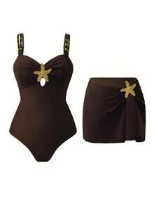 Swim Oasis 1 pieza Traje de baño de una sola pieza casual de vacaciones con decoración de pentágono lindo para mujer - Café integral - Ver 5