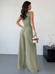 Set de 2 piezas de primavera para mujer: top asimétrico con hebilla de metal de sensación de lino caqui y pantalones anchos de cintura alta adelgazantes, elegante ropa de oficina - Verde militar - Ver 3