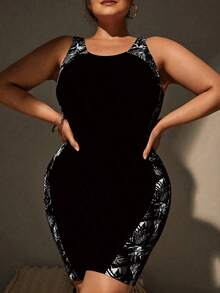 Swim Lushoire Traje de baño de una pieza con estampado floral, estilo vacacional para tallas grandes - Negro - Ver 3
