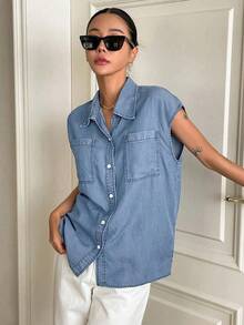 Camisa Denim De Manga Murciélago Con Bolsillo Doble Y Botones - Lavado ligero - Ver 3