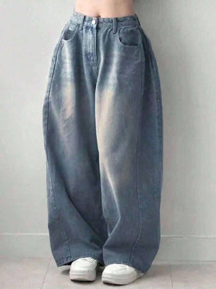 Jeans casuales de bolsillo de ajuste holgado de unicolor para mujer - Azul lavado medio 2 - Ver 1
