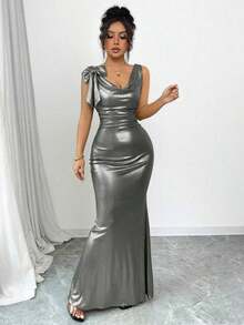 Vestido largo con espalda descubierta y decoración de lazo en color liso para mujer - Plateado - Ver 5