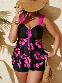 Conjunto de tankini de talla grande con estampado floral elegante, tirantes anchos, moño y parches, para verano y vacaciones en la playa, color negro - Negro - Ver 9