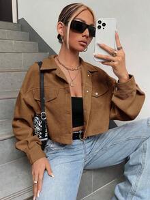 Chaqueta corta de pana con detalle de solapa en el hombro para otoño/invierno - Marrón - Ver 1