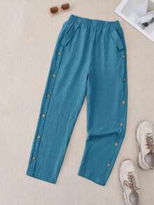 Pantalones casuales de mujer con decoración de botones y bolsillos en diagonal - Negro - Ver 11