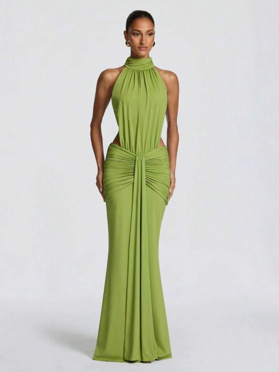 Vestido sirena largo unicolor primavera verano espalda descubierta ajustado para fiesta noche estilo europeo elegante moda nueva para mujer - Verde - Ver 1
