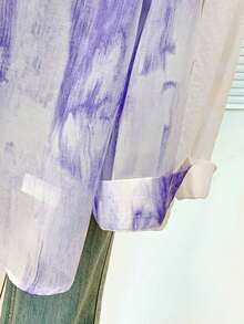 Camisa de protección solar con efecto tie-dye dulce para mujer, de cuello de solapa y manga larga, informal para exteriores/vacaciones, holgada, transpirable y ligera, estilo camisa, color rosa, para primavera/verano - Morado - Ver 9