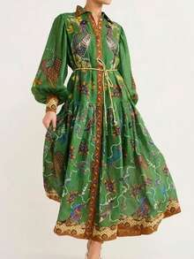 Vestido largo primavera 2026, estampado con cordón abierto y falda amplia - Verde - Ver 2