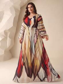 SUPGIR [Random Floral Watercolor Print] V-Neck Digital Printed Lantern Sleeve Elegant Chiffon Dress - Multicolor - View 2
