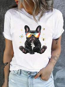 Camiseta de cuello redondo con estampado de bulldog y mariposas, camiseta casual de manga corta para primavera y verano, ropa de mujer - Blanco - Ver 1