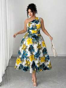 Vestido elegante de mujer de talla grande con estampado floral azul y blanco, elegante y chic para fiestas, graduaciones, vacaciones, festivales, citas, bodas y salidas - Blanco - Ver 1