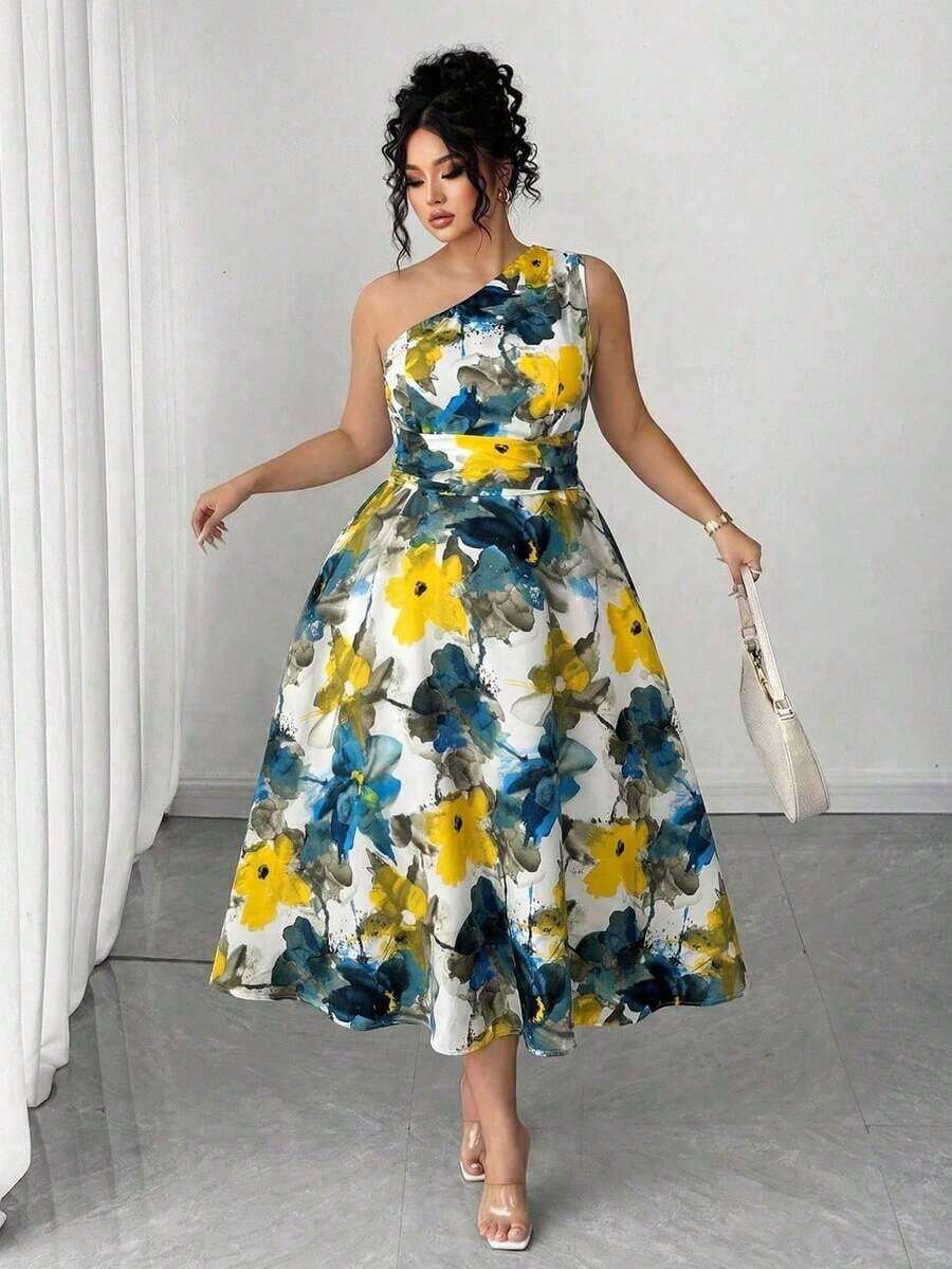 Vestido elegante de mujer de talla grande con estampado floral azul y blanco, elegante y chic para fiestas, graduaciones, vacaciones, festivales, citas, bodas y salidas - Blanco - Ver 1