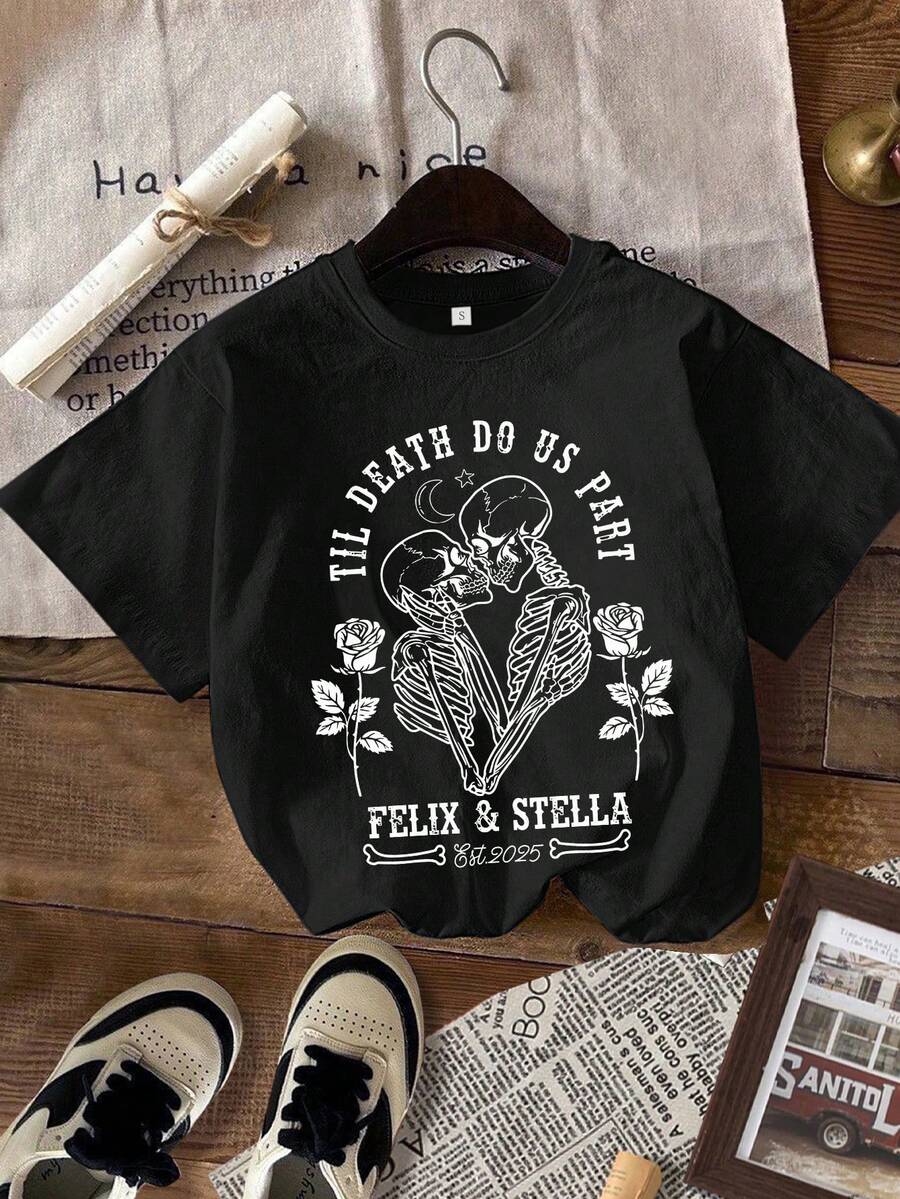 Camiseta manga corta cuello redondo 100% algodón, estampado trendy, tejido ligero y ventilado, estilo moda casual, apta para vida diaria, salidas informales y citas en primavera, verano y otoño - Negro - Ver 1