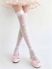 1 đôi tất dài quá đầu gối dễ thương kiểu JK Lolita in họa tiết nơ, mỏng, chất liệu lụa băng, thích hợp mặc hàng ngày trong mùa hè. - trắng - Xem 4