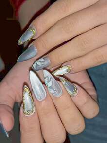 10pcs Handmade Acrylic Resin Embossed Nail Stickers, Short Nails, Summer Nails, Y2K Style French Manicure, Light Blue Almond Nails With Gold Frame And Bead Decor, 3D Light Blue Floral Decor. Elegant And Suitable For Women And Girls For Daily, Summer Outing And Casual Occasions. - Dusty Blue - View 2