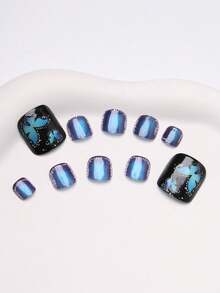 10pcs Square Short Press-On Fake Nails, Brilliant Blue Butterfly & Cat Eye Pattern Design, Minimalist Cute Whitening Artificial Nails, Suitable For Parties And Daily Wear, Comes With Jelly Gel And Nail File - Multicolor - View 2