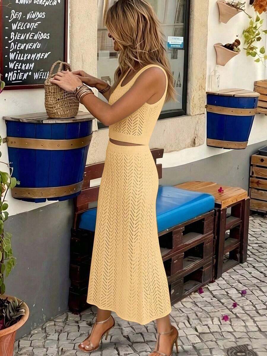 Conjunto de dos piezas de vestido maxi de punto hueco de unicolor vintage elegante para mujer, conjunto casual para ciudad, vacaciones y playa en verano - Amarillo claro - Ver 1