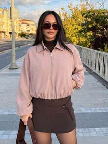 Chaqueta con bolsillo con cremallera de lunares rosas para mujer - Abrigo casual suelto con solapa para primavera/otoño - Rosa - Ver 8