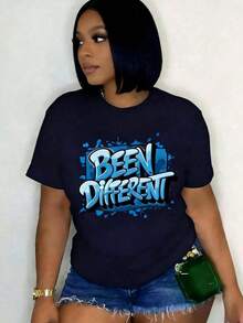 Women's Oversized Graphic Print Short Sleeve T-Shirt, Blue Graffiti Inspired Design, Fashionable Women's Clothing, Retro Y2K Style, Ideal For Campus Lovers, Commuting, Music Festivals, Brunch Dates, Versatile Printed Tee, Versatile Basic Short Sleeve Tee, Versatile Basic Short Sleeve Tee, Versatile Basic Short Sleeve Tee, Versatile Basic Short Sleeve Tee. - 藏蓝色 - 查看 2