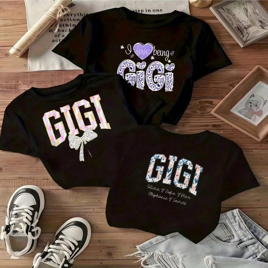 Gigi Shirt With Love Heart And Floral Design Fashionable Crop Top For Women And Girls Perfect Gift For Family Reunions And Special Occasions Cute And Style Ideal For Casual Wear And Gatherings - 黑色 - 查看 1