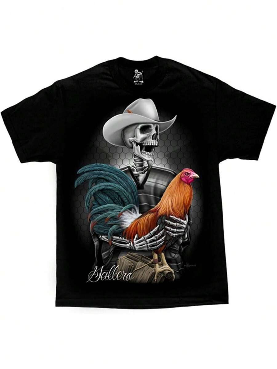 David Gonzales Men'S Gallero Rooster Skeleton Rancher DGA Art T-Shirt - Black Western Cowboy Graphic Tee With Skeleton Cowboy & Rooster Design, Round Neck Short Sleeve Casual Shirt For Themed Events & Casual Attire, All-Season Comfort Fit, Geometric Pattern, Digital Print, Regular Fit, Adult Men'S Fashion, Weekend Casual, Digital Heat Transfer, Pullover Style, Allseason Apparel, Western Theme, Durable Print, Highquality Print, Printed Top, Adult Men - Black - View 1