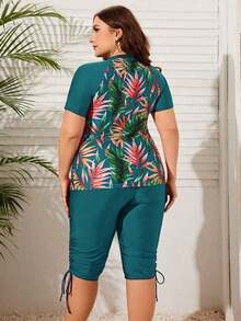 Swim Lushoire Conjunto de protector solar para mujer de talla grande con impresión de plantas tropicales en contraste para la playa de verano - verde menta - Ver 2