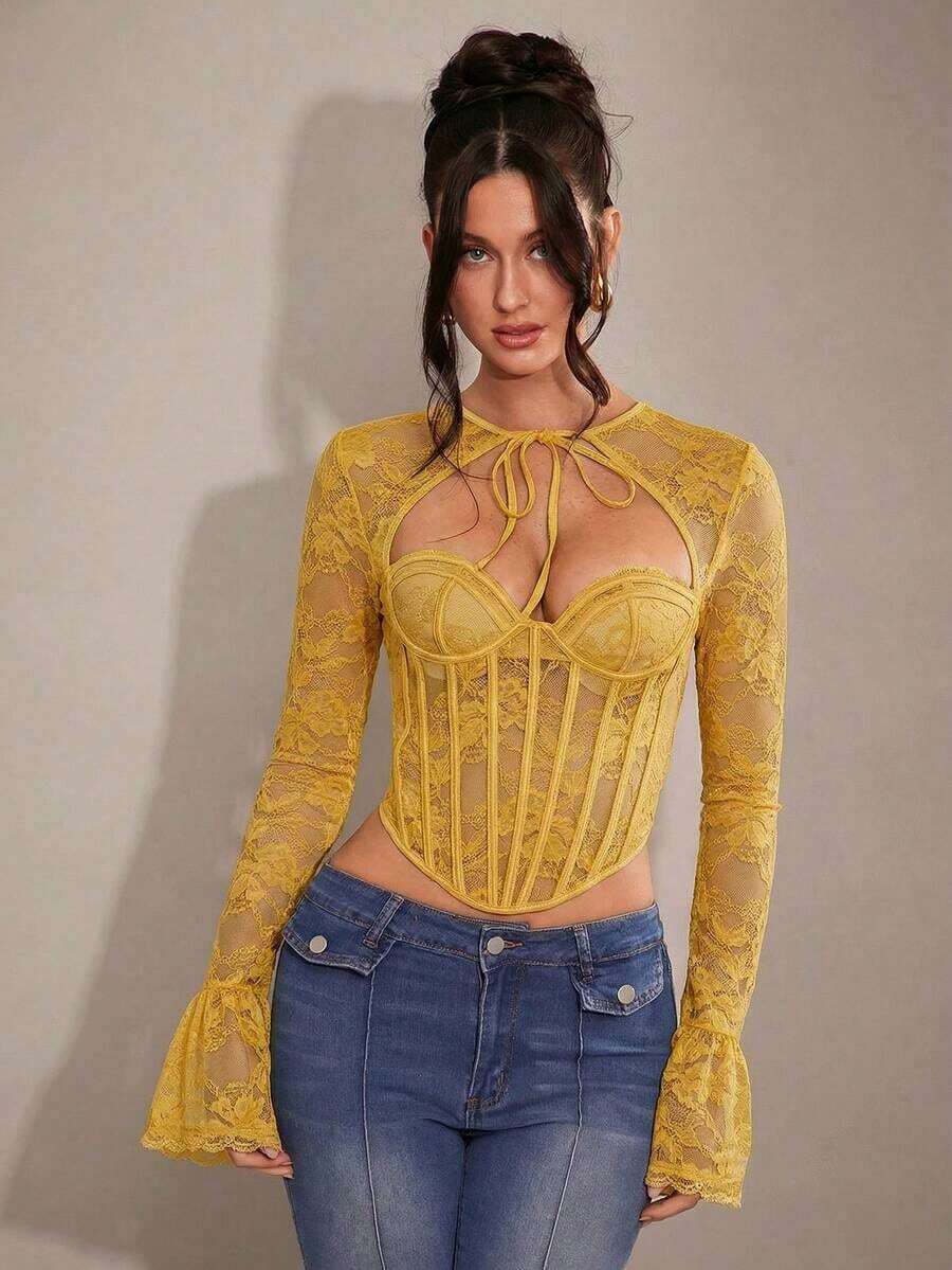 Prendas de verano, blusas interiores de otoño, blusas de encaje negro tipo corsé, estilo descanso con el té, estilo de corte, adecuado para citas, meriendas, fiestas, viajes, blusas de manga larga, blusas de mujer - Amarillo - Ver 1