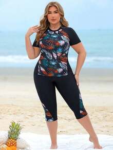 Swim Lushoire Conjunto de traje de baño informal para mujer de 2 piezas en talla grande, con parte superior corta sin mangas y pantaloneta larga, con estampado aleatorio de hojas de plantas mezclado con diseño de patchwork negro para usar en playa y resort - Multicolor 3 - Ver 1