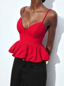 Maija Top de tirantes finos de unicolor con volantes en el bajo, para uso urbano, casual de oficina, elegante para fiestas de Navidad y Año Nuevo, ropa de mujer - Rojo 2 - Ver 9