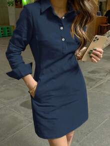 Vestido corto elegante de mujer con manga larga, estilo de moda casual con solapa y decoración de botones, para primavera y otoño - Azul marino - Ver 4