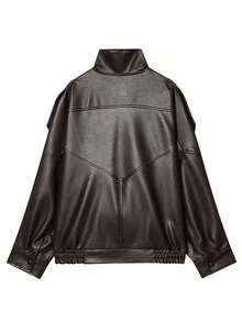 Chaqueta de cuero sintético Abrigo de invierno para mujer con cremallera Atuendos de otoño para mujer Tops de manga larga Prendas exteriores Chaqueta bomber de mujer Abrigo con cremallera Ropa de calle de otoño Chaqueta de carreras Parte superior - Granada - Ver 5