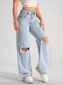 PETITE Vaqueros anchos y holgados de tela vaquera con bolsillos y efecto desgastado, de uso versátil y casual para mujer - Azul 2 - Ver 6