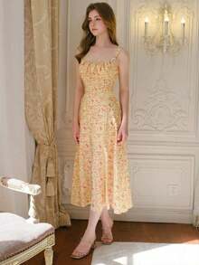 Vestido de tirantes con estampado floral diminuto para mujer, uso diario minimalista y casual, elegante para vacaciones de verano - Amarillo - Ver 3