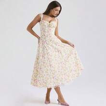 Vestido largo de mujer de moda otoño nuevo estilo dulce y picante vacaciones ajustado estampado digital tirantes encaje volantes vestido elegante - Blanco - Ver 4