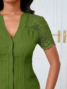Camisa casual de mujer de unicolor y estilo simple para uso diario, verano - Verde 2 - Ver 4