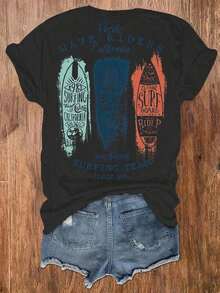Women's Short-Sleeved Crew Neck T-Shirt, Vintage Surfboard Design, West California Surfer Style, Unisex, Suitable For Summer And Spring, Ideal For Casual Daily Outings, Short-Sleeved Summer Top, Retro Y2K Print T-Shirt. - 黑色 - 查看 4