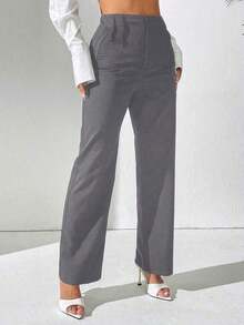 PETITE Pantalones rectos de uso casual diario de unicolor para damas - Gris - Ver 5