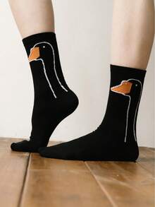 1 Pair Black Goose Neck Funny Pattern Mid-Calf Socks, Quirky & Cute Socks, Soft & Breathable, College Style Design, Suitable For All Seasons - Black - View 2